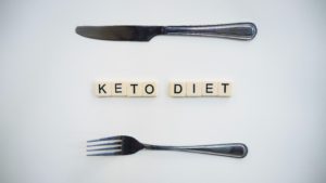 Letters spell out the words "keto diet." A knife is placed above the words, while a fork is placed below them